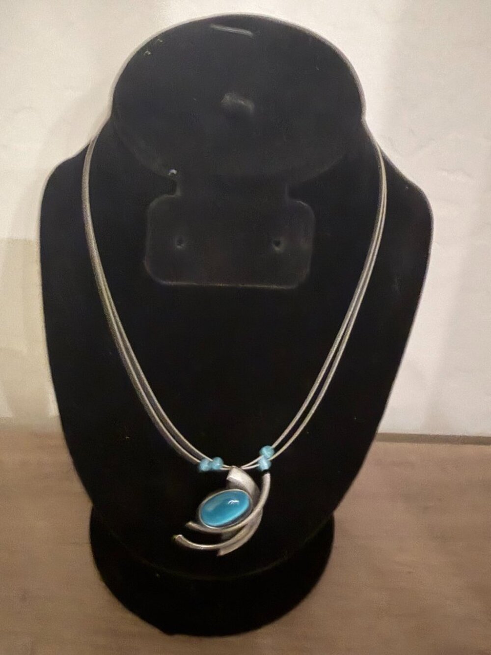 Christophe Poly architectural necklace with Blue cabochon and wire